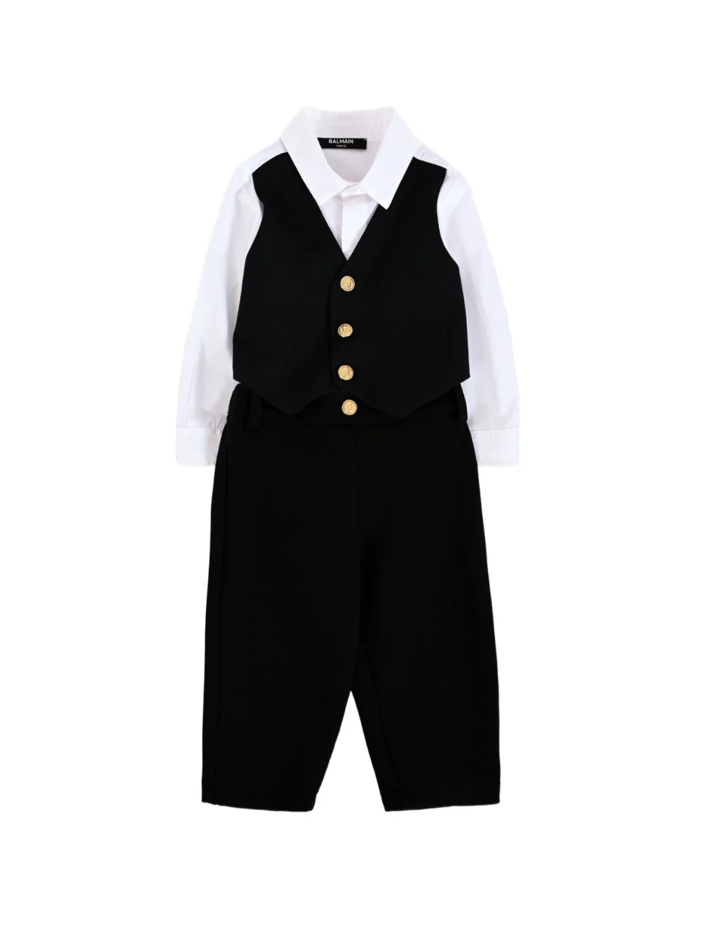 Abito elegante per neonato Balmain Kids nero con gilet e bottoni dorati
