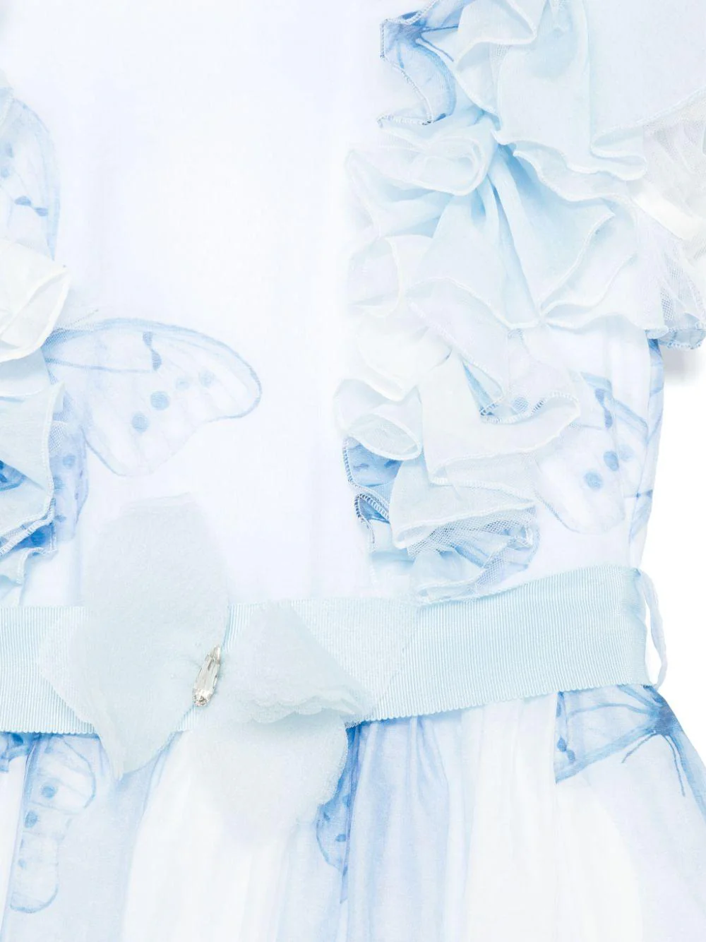 Abito per bambina Monnalisa azzurro con stampa farfalla con dettagli con ruches - Image 3