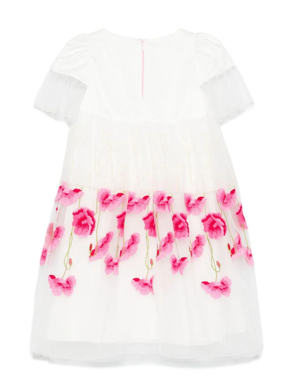Abito per bambina Monnalisa bianco con ricamo a fiori con inserti in tulle - Image 2
