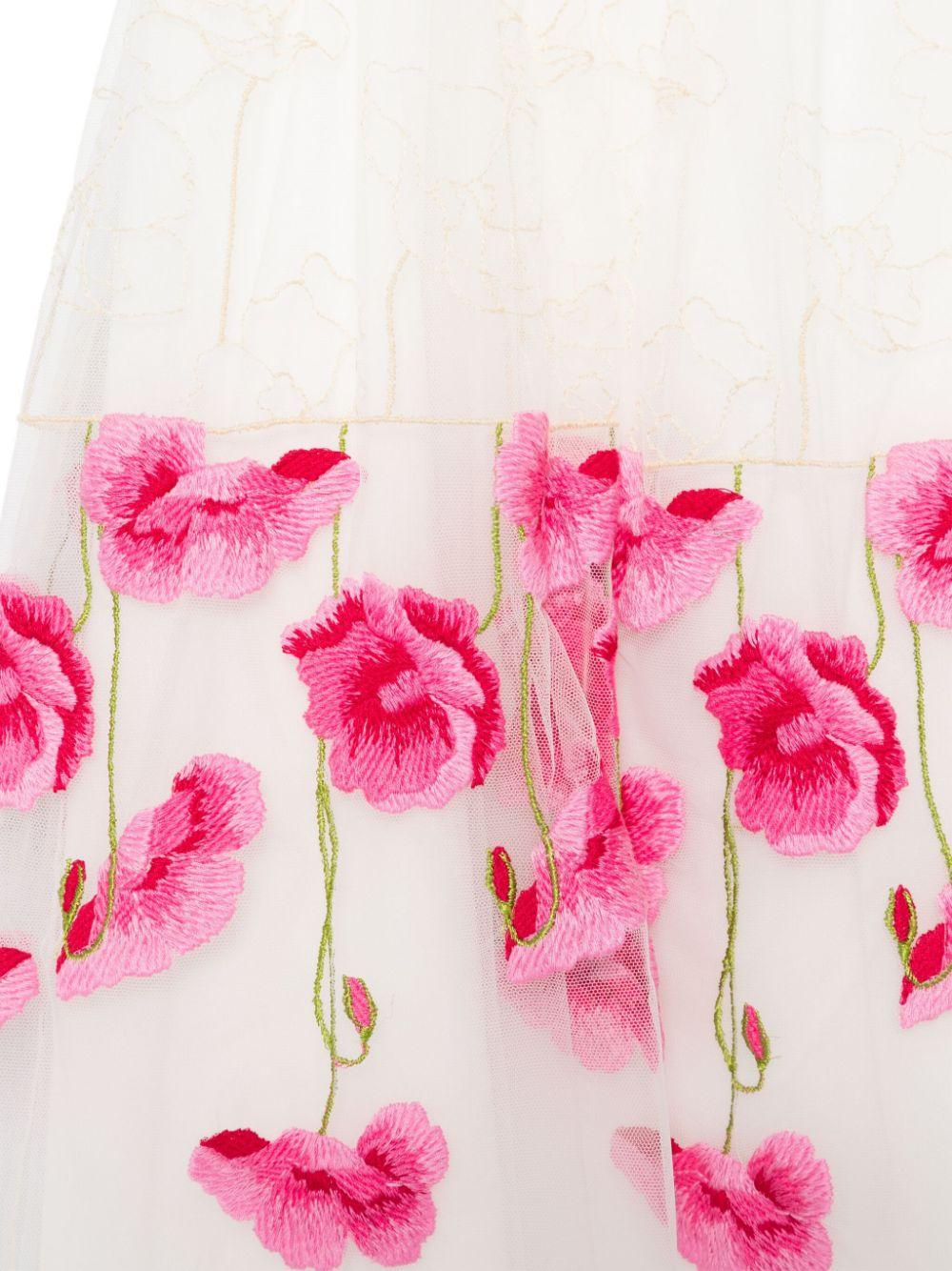 Abito per bambina Monnalisa bianco con ricamo a fiori con inserti in tulle - Image 3