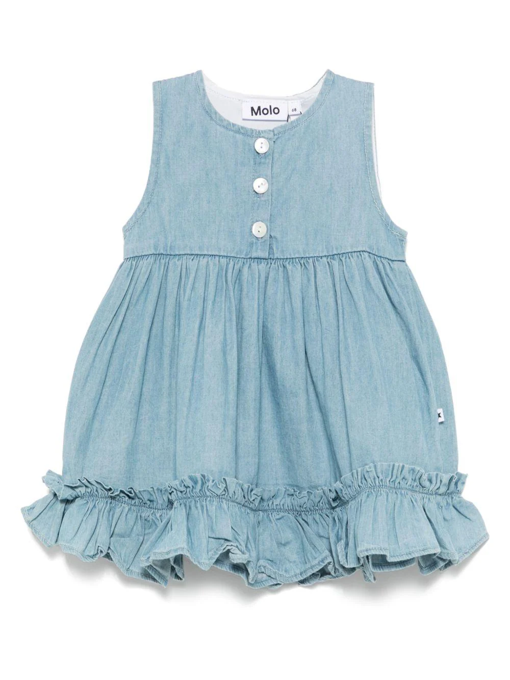 Abito per neonata Molo azzurro con chiusura posteriore con bottone e dettaglio con ruches