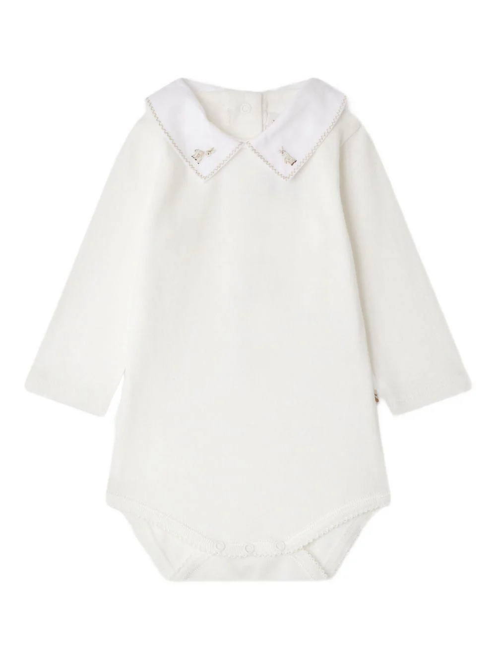 Body per neonata Bonpoint bianco con colletto Peter Pan ricamato e cucitire beige