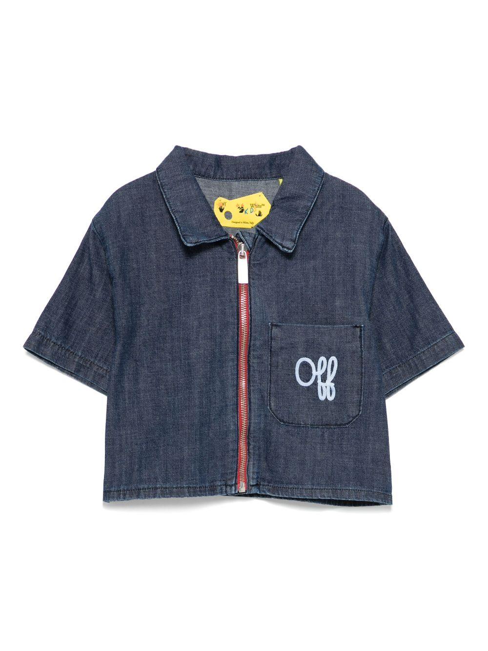 Camicia denim con ricamo per bambina Off-White Kids blu con tasca sul petto