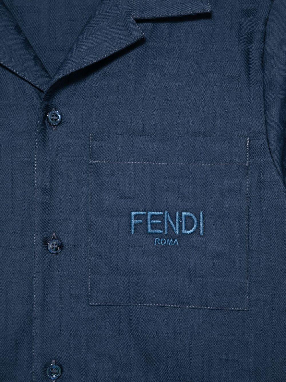 Camicia junior in cotone jacquard per bambino Fendi Kids blu con logo FF - Image 2