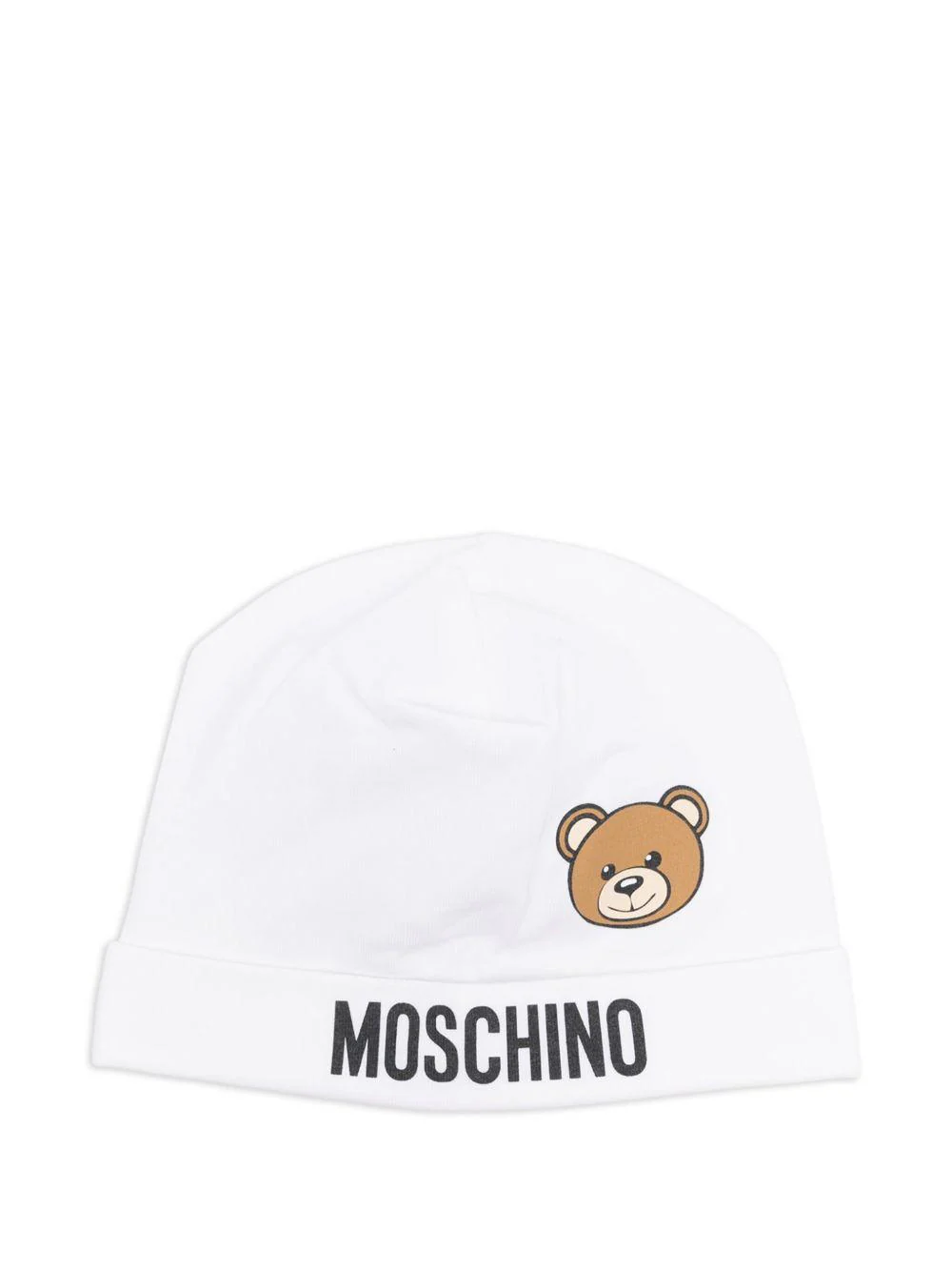 Cappello per neonato Moschino Kids bianco con stampa logo e Teddy Bear