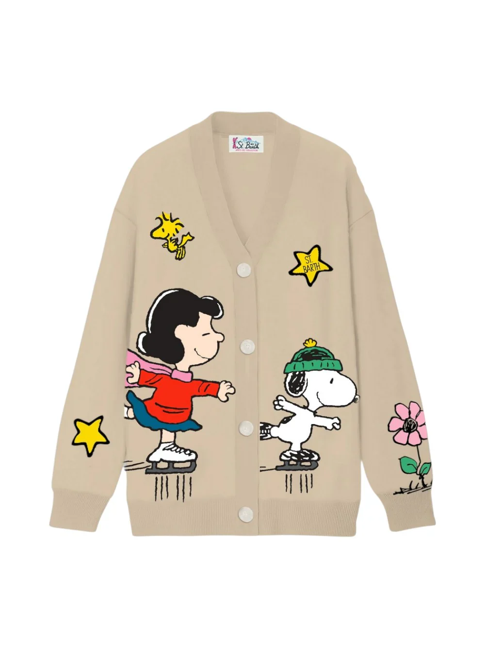 Cardigan per bambini MC2 Saint Barth Kids beige con stampa Peanuts Snoopy Skating