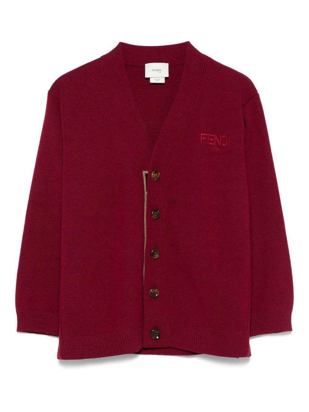 Cardigan per bambino Fendi Kids rosso scuro con chiusura frontale con bottoni