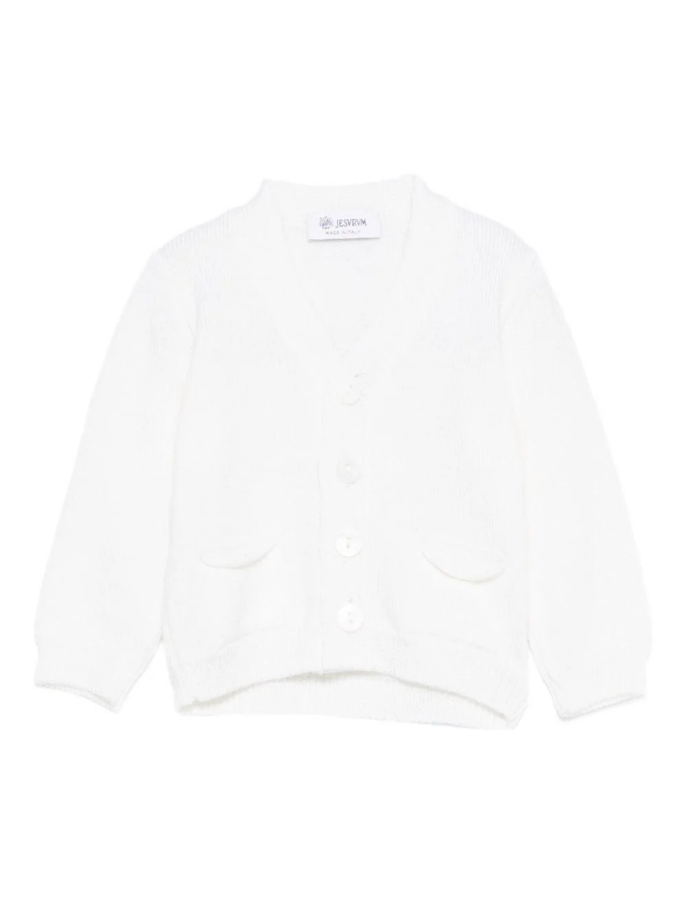 Cardigan per neonato Jesurum Baby bianco con due tasche applicate sul davanti