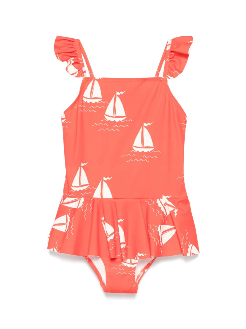 Costume intero per bambina Mini Rodini rosso con stampa con dettagli ruches