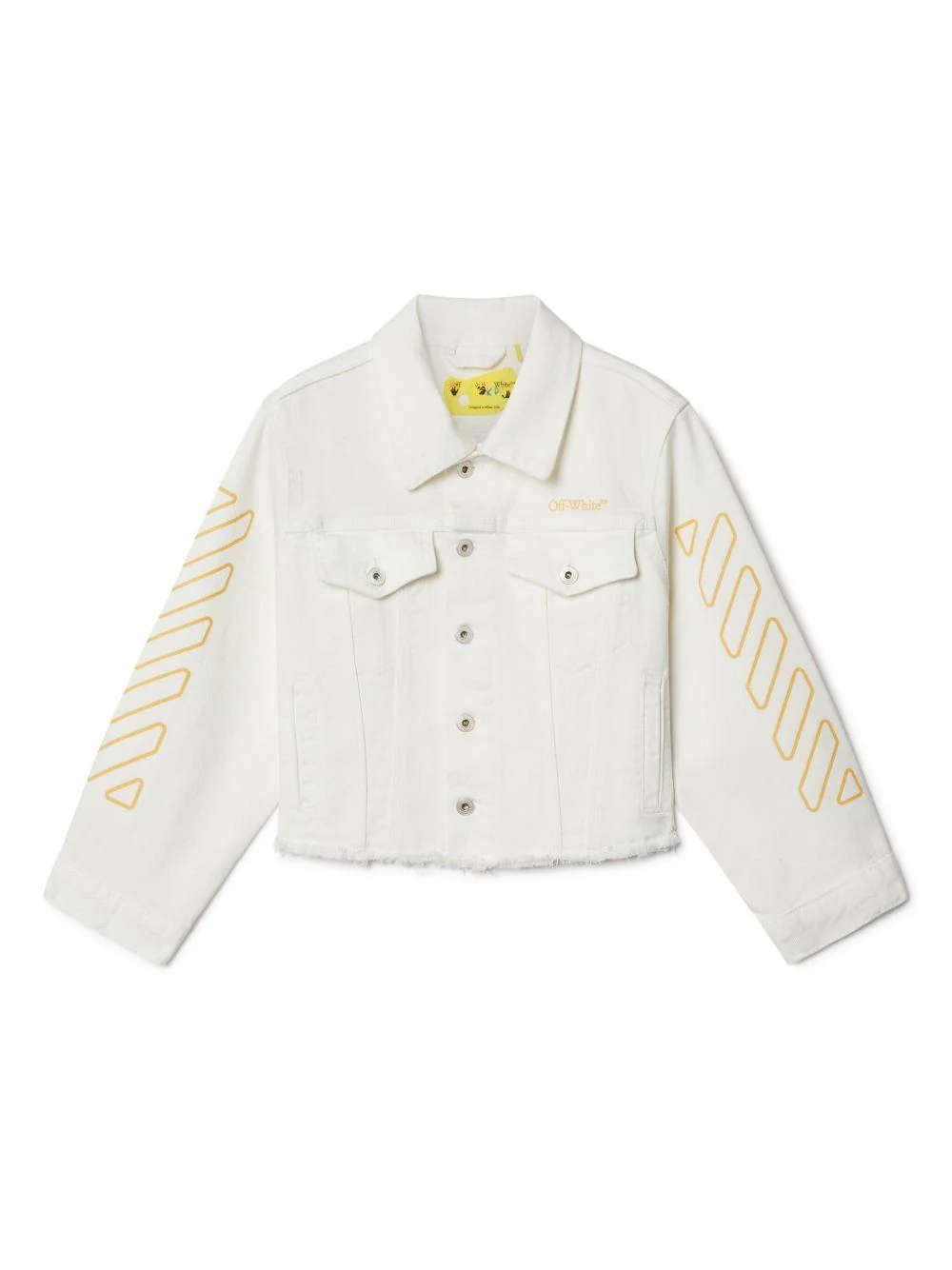 Giacca denim per bambina Off-White Kids Bookish Diag bianco con stampa sulle maniche