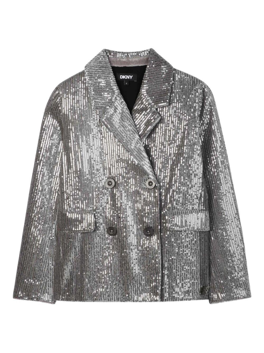 Giacca doppiopetto per bambina Dkny Kids argento con decorazione con paillettes all-over