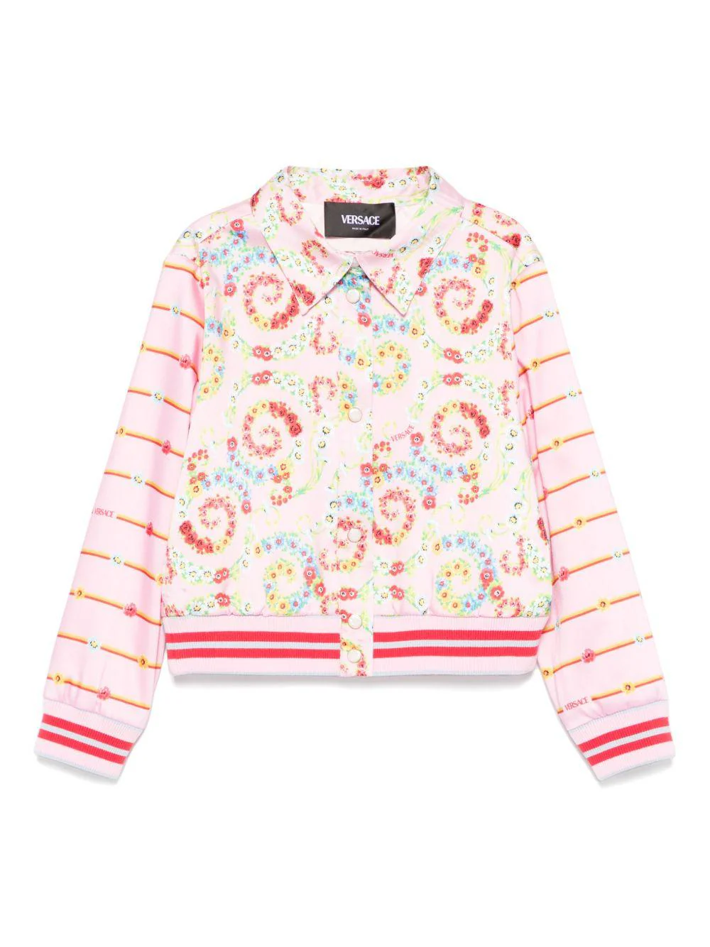 Giubbino per bambina Versace Kids rosa barocco flowers con orlo e polsini a coste