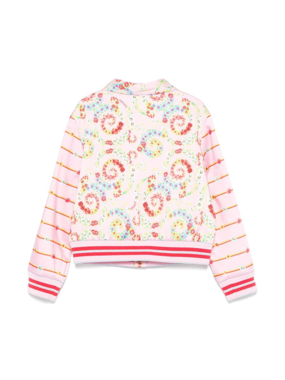 Giubbino per bambina Versace Kids rosa barocco flowers con orlo e polsini a coste - Image 2