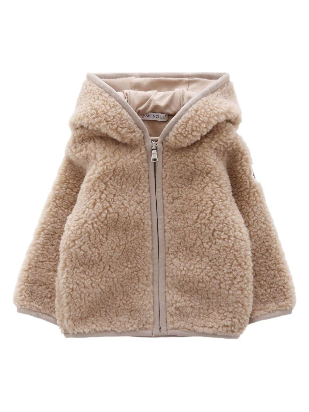 Giubbino per neonati Moncler Enfant beige con toppa con logo