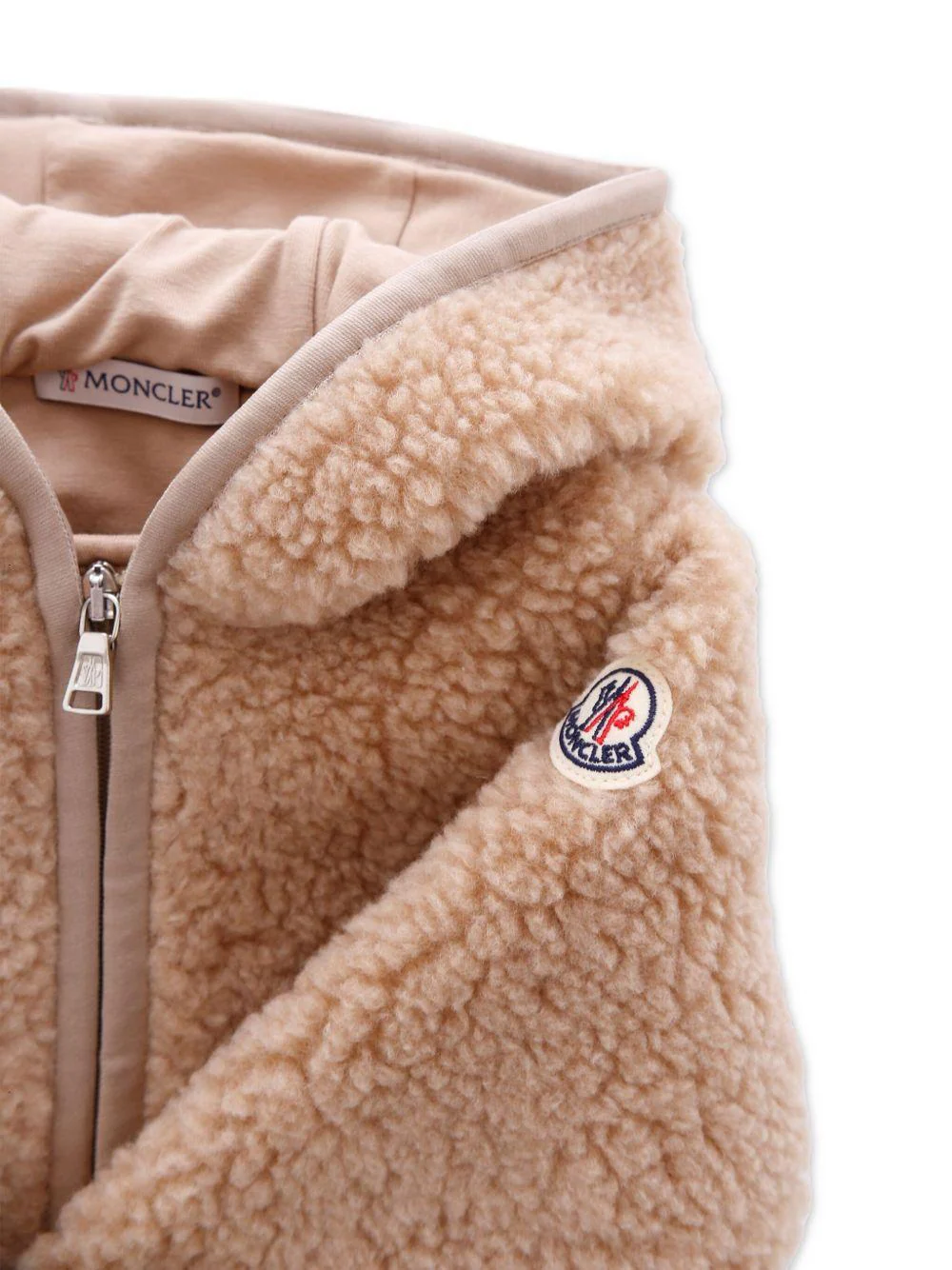 Giubbino per neonati Moncler Enfant beige con toppa con logo - Image 2