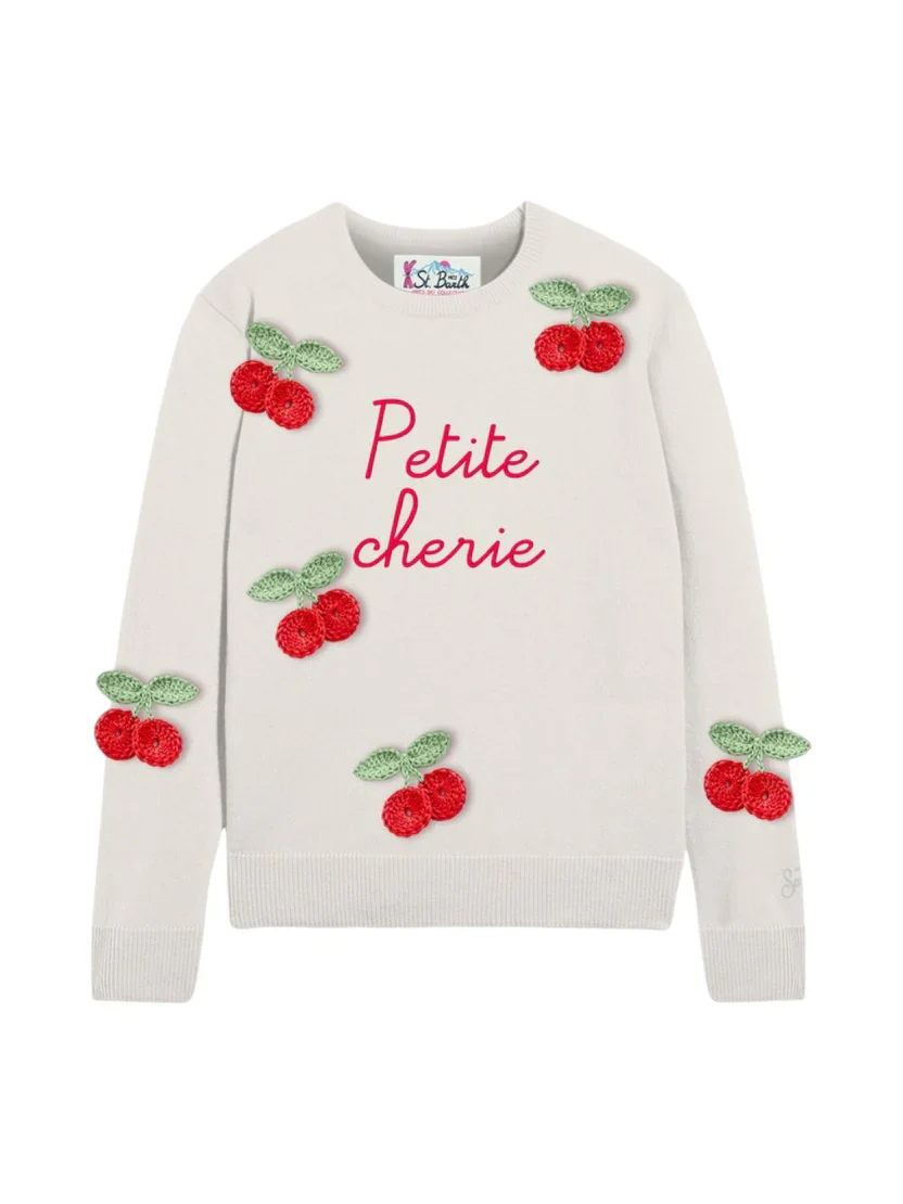 Maglione per bambina MC2 Saint Barth Kids bianco con scritta centrale ricamata "Petite chérie"