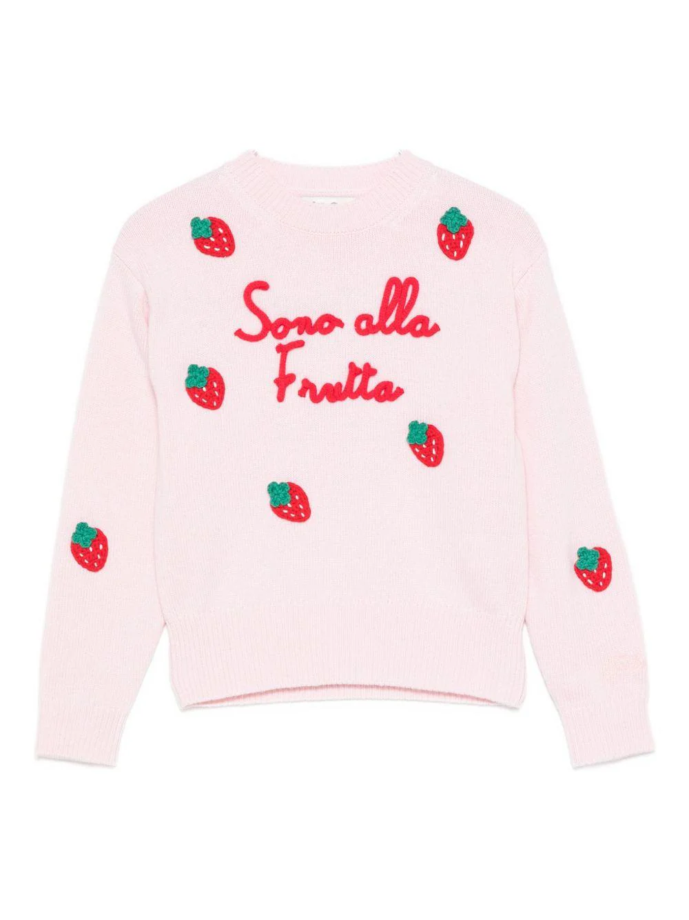Maglione per bambina MC2 Saint Barth Kids rosa con scritta ricamata "Sono alla Frutta"
