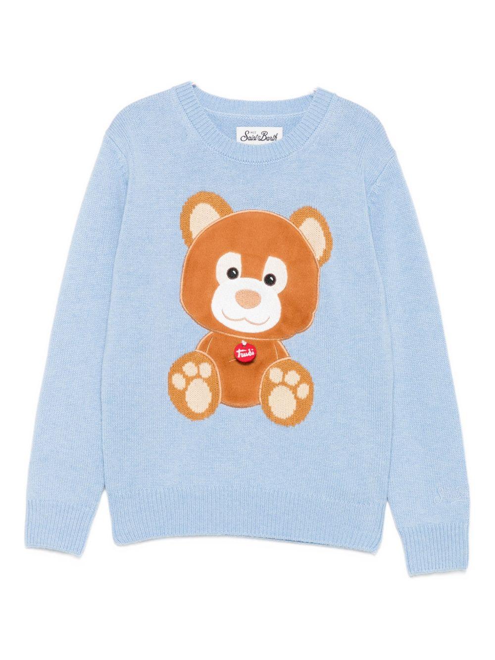 Maglione per bambini MC2 Saint Barth Kids x Trudi azzurro con ricamo Orsetto sul davanti