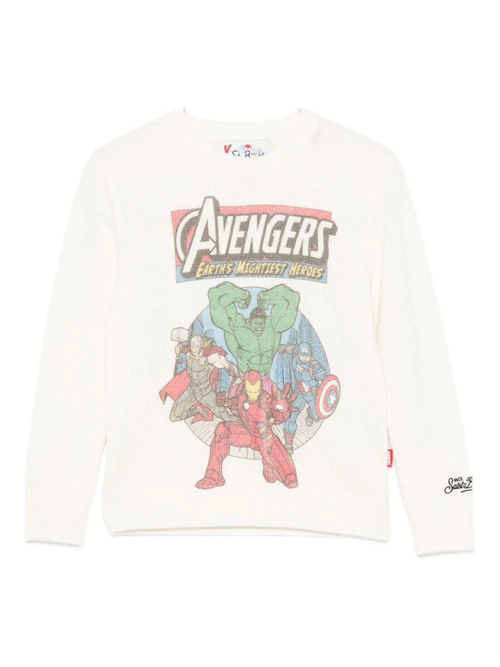 Maglione per bambino MC2 Saint Barth Kids x Marvel bianca con stampa grafica Avengers