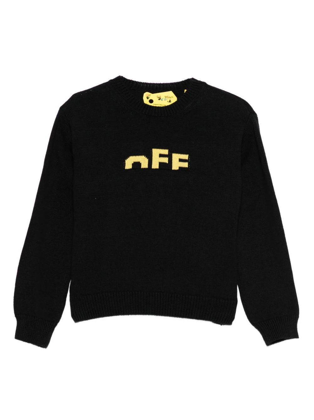 Maglione per bambino Off-White nero con logo ricamato e orlo a coste