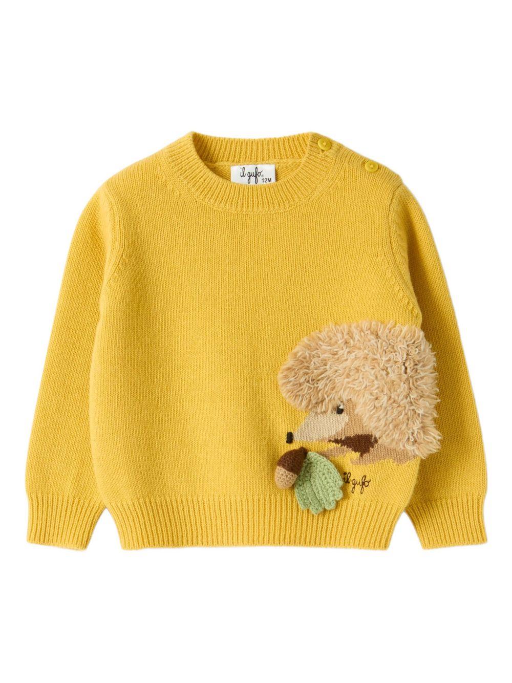 Maglione per neonato Il Gufo giallo con ricamo porcospino e ghianda