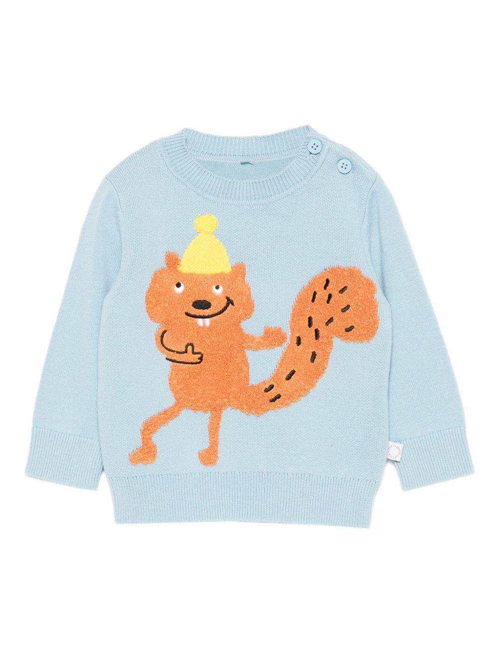 Maglione per neonato Stella McCartney Kids azzurri con ricamo scoiattolo