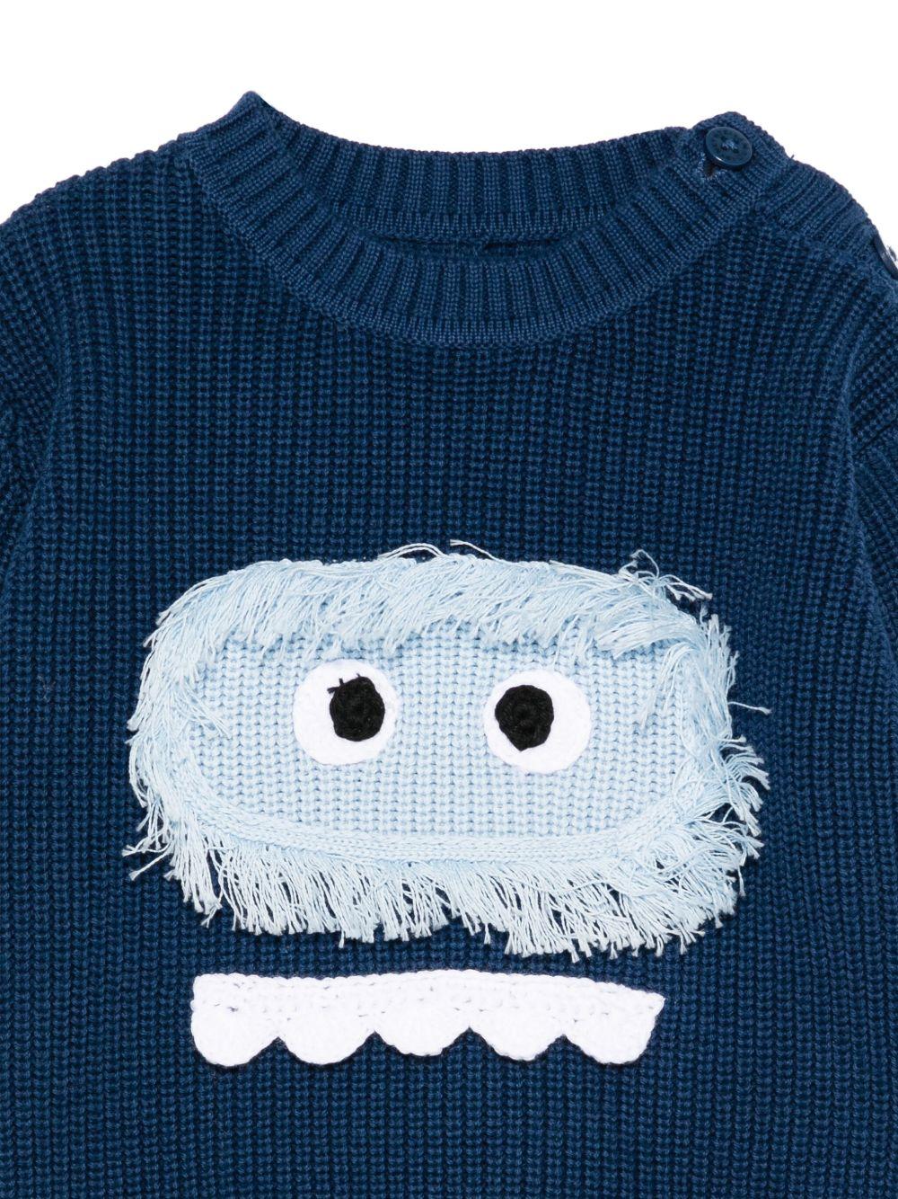 Maglione per neonato Stella McCartney Kids blu con faccia di mostro - Image 3