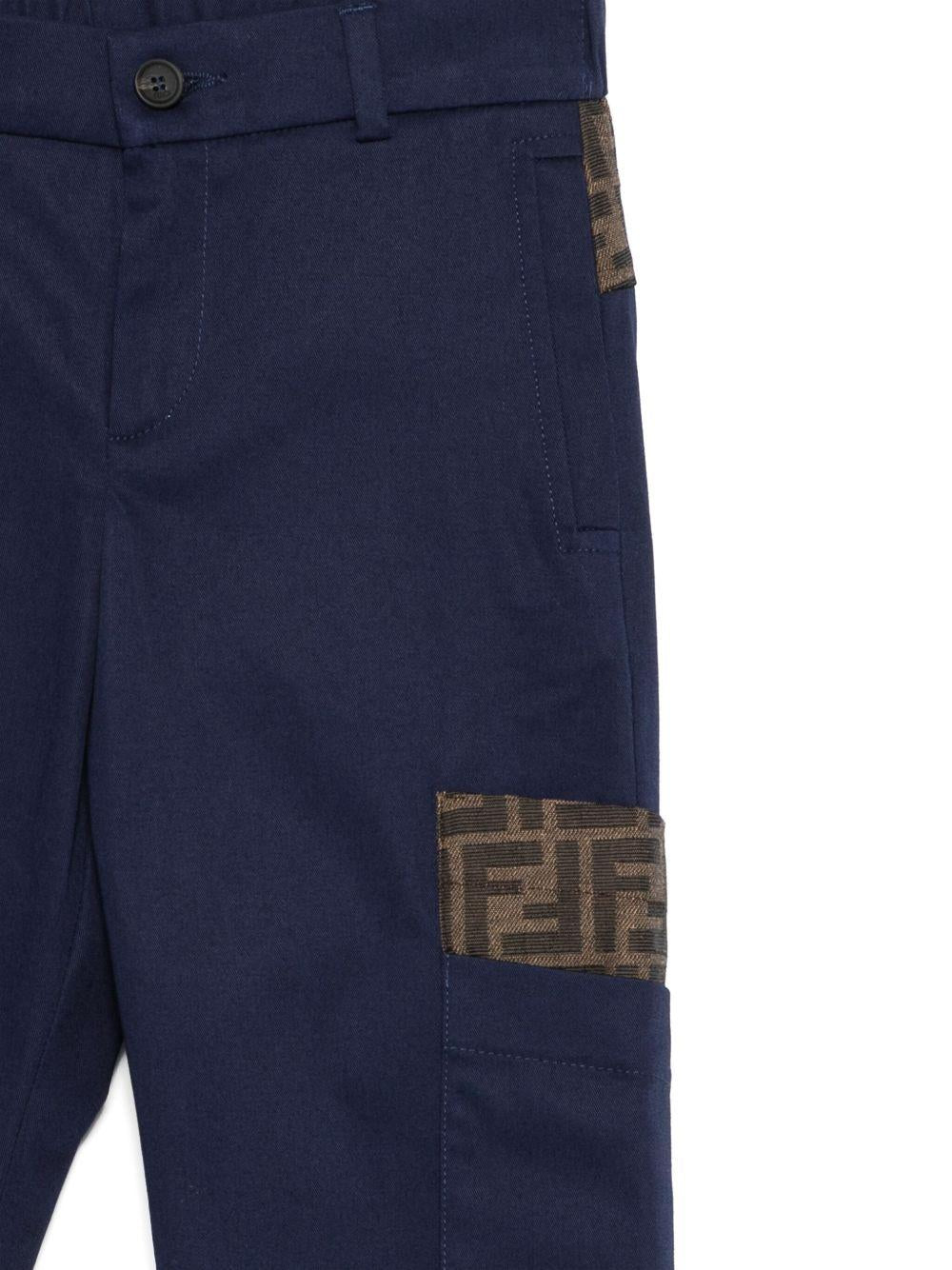 Pantaloni FF jacquard per bambino Fendi Kids blu con chiusura con zip nascosta e bottone - Image 3
