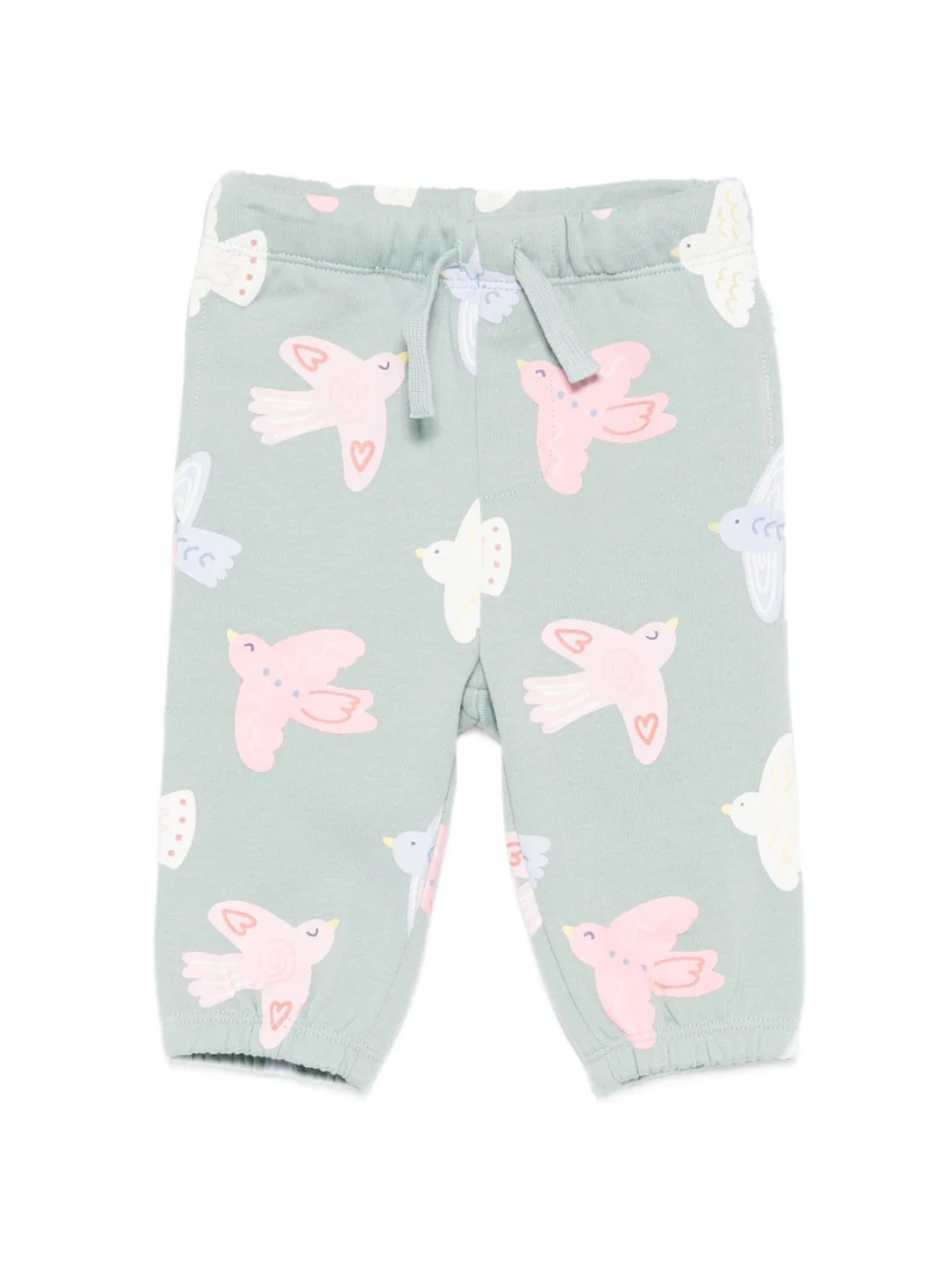 Pantaloni per neonata Stella McCartney Kids verde con coulisse e stampa di uccelli