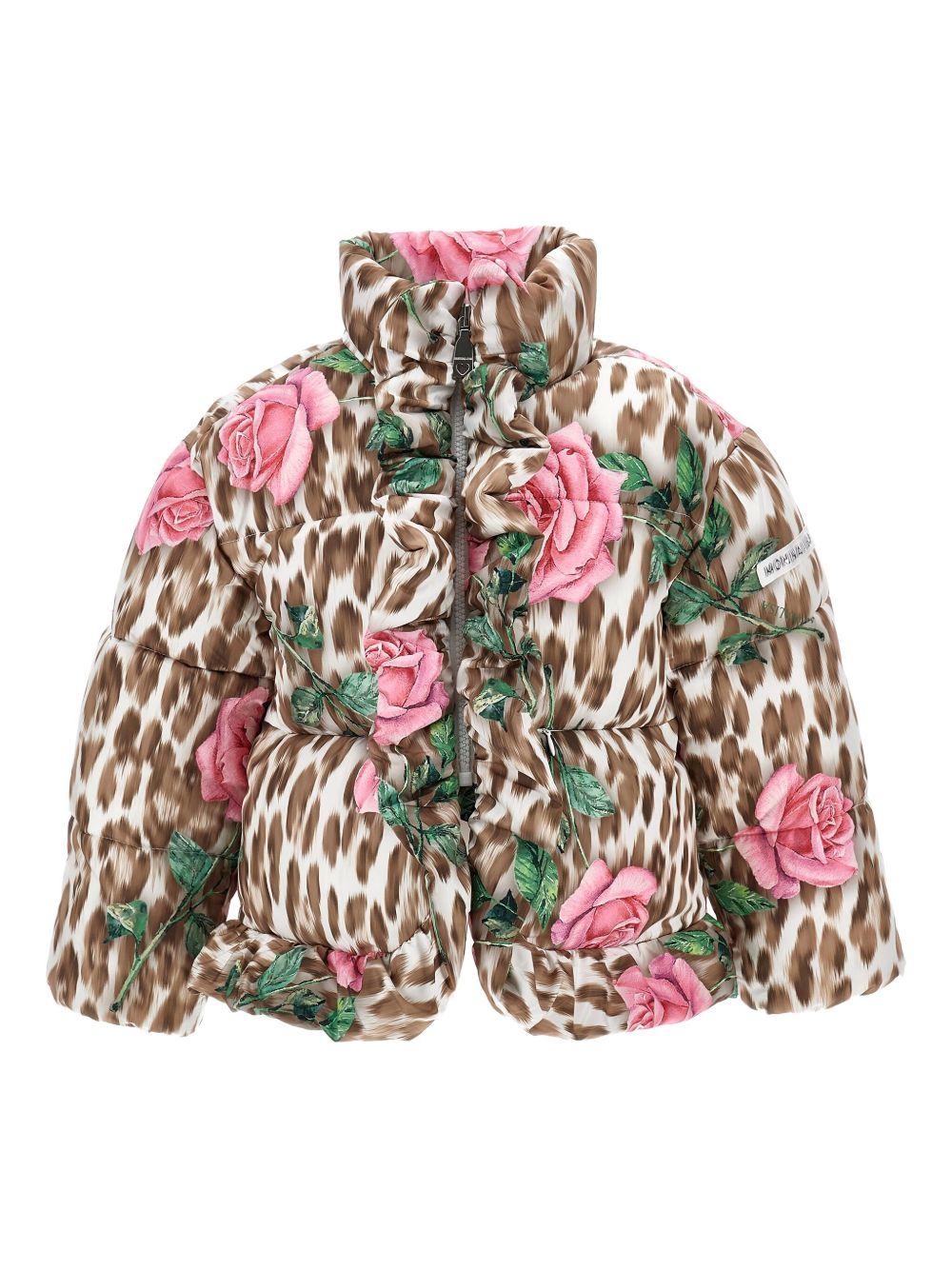 Piumino per bambina Monnalisa marrone a fiori con stampa leopardata