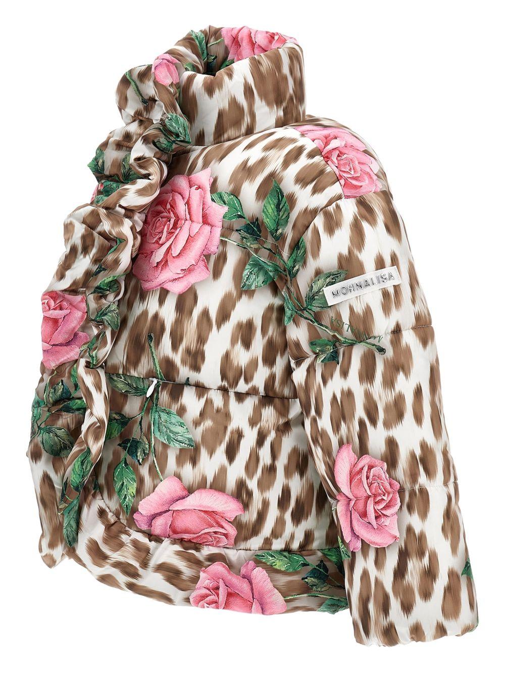 Piumino per bambina Monnalisa marrone a fiori con stampa leopardata - Image 2