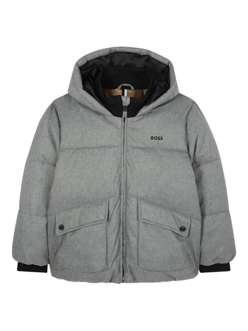 Piumino per bambino Boss Kidswear grigio con cappuccio e stampa con logo sul petto