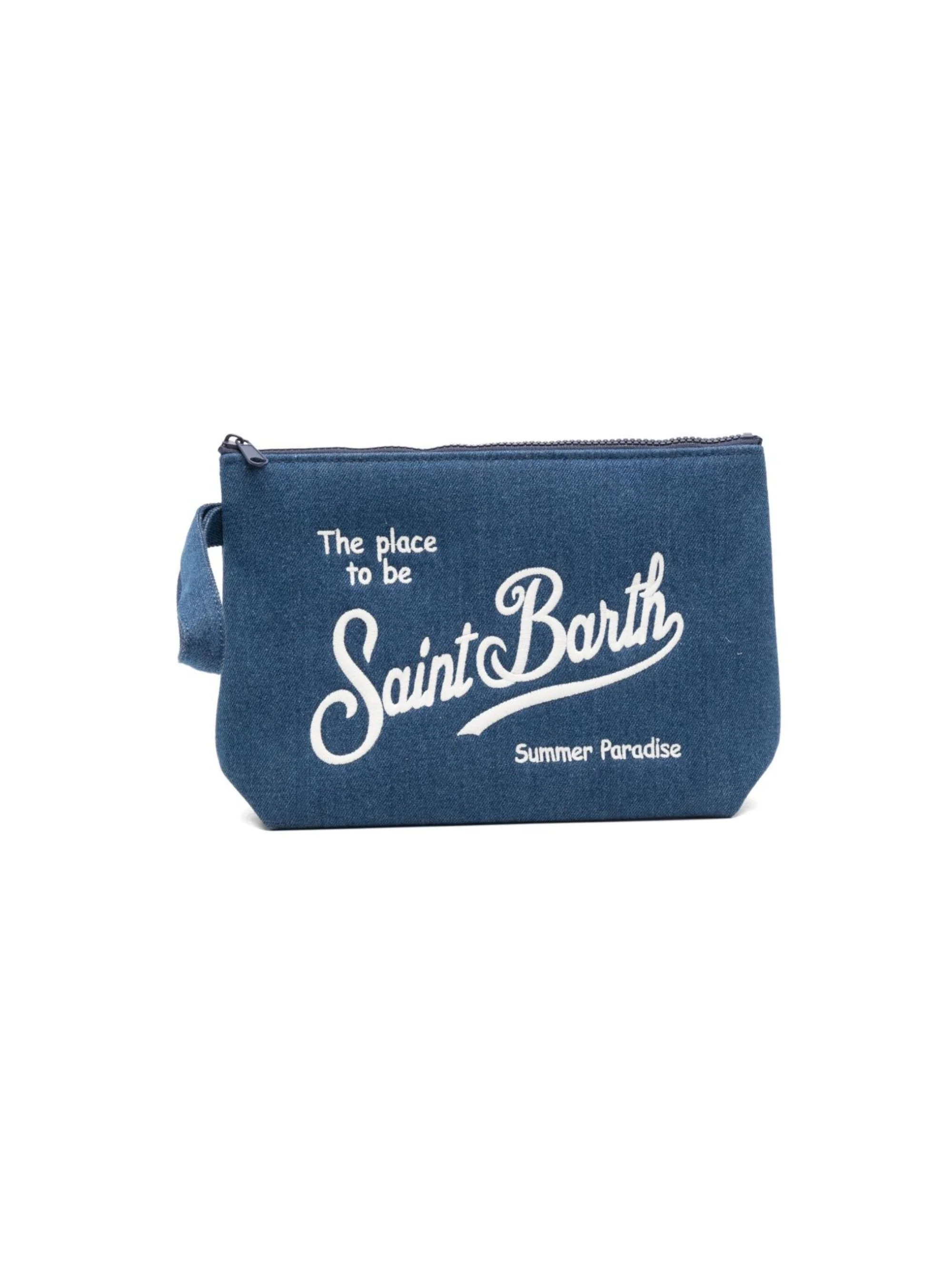 Pochette Aline MC2 Saint Barth denim con logo ricamato sul davanti