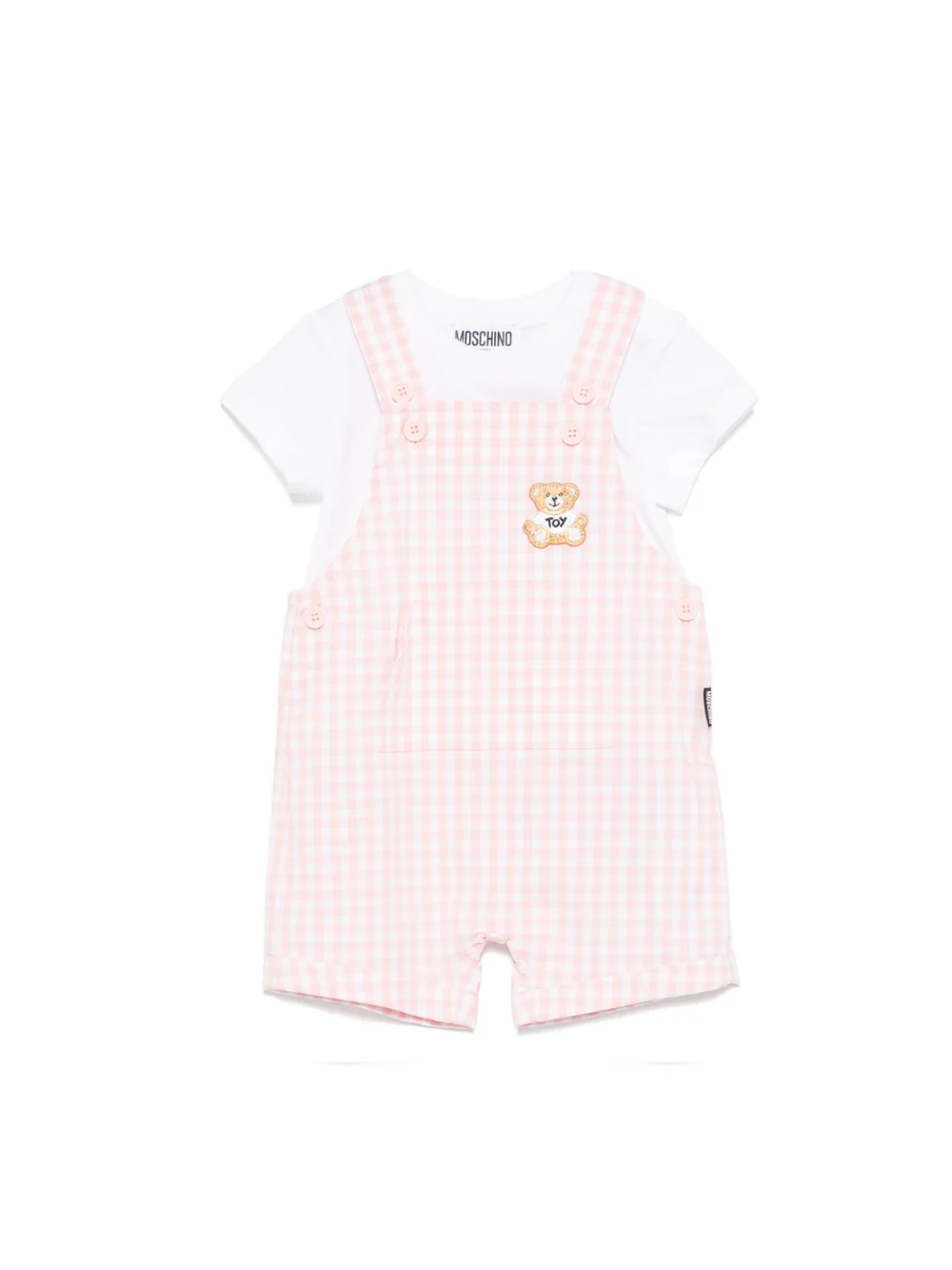 Salopette a quadretti per neonata Moschino Kids rosa con tasca frontale a marsupio