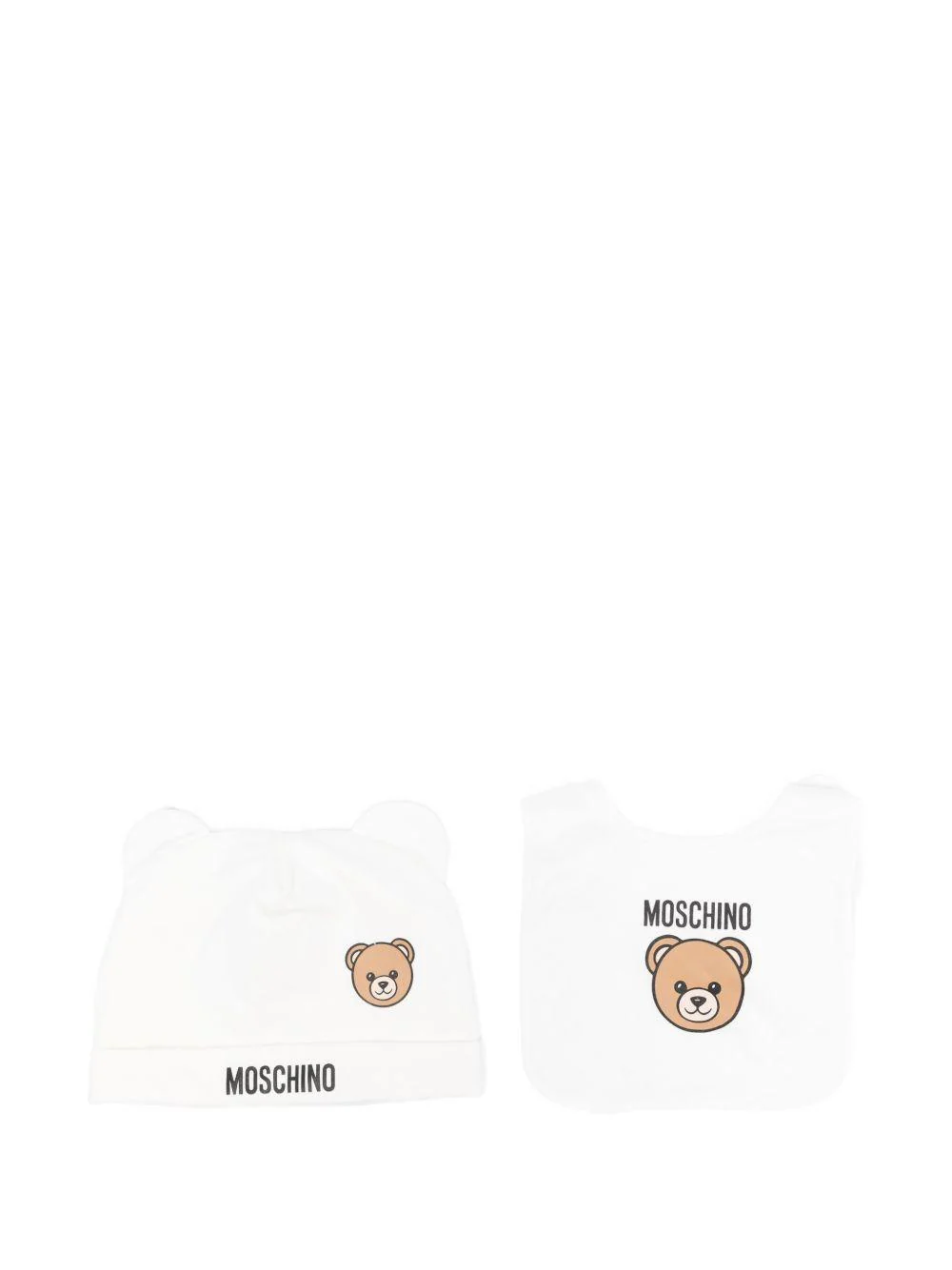 Set berretto e bavaglino per neonati Moschino Kids bianco con stampa orsetto