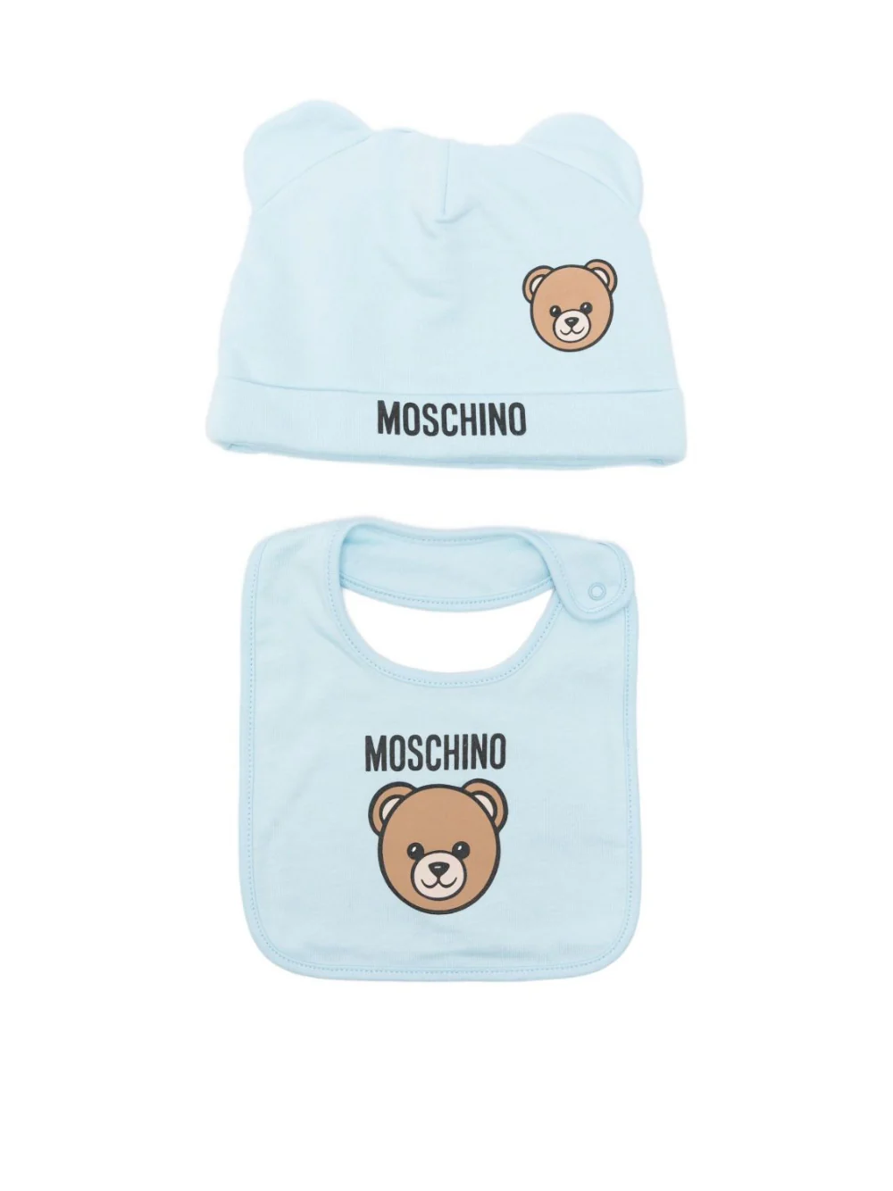 Set berretto e bavaglino per neonato Moschino Kids azzurro con motivo Teddy Bear