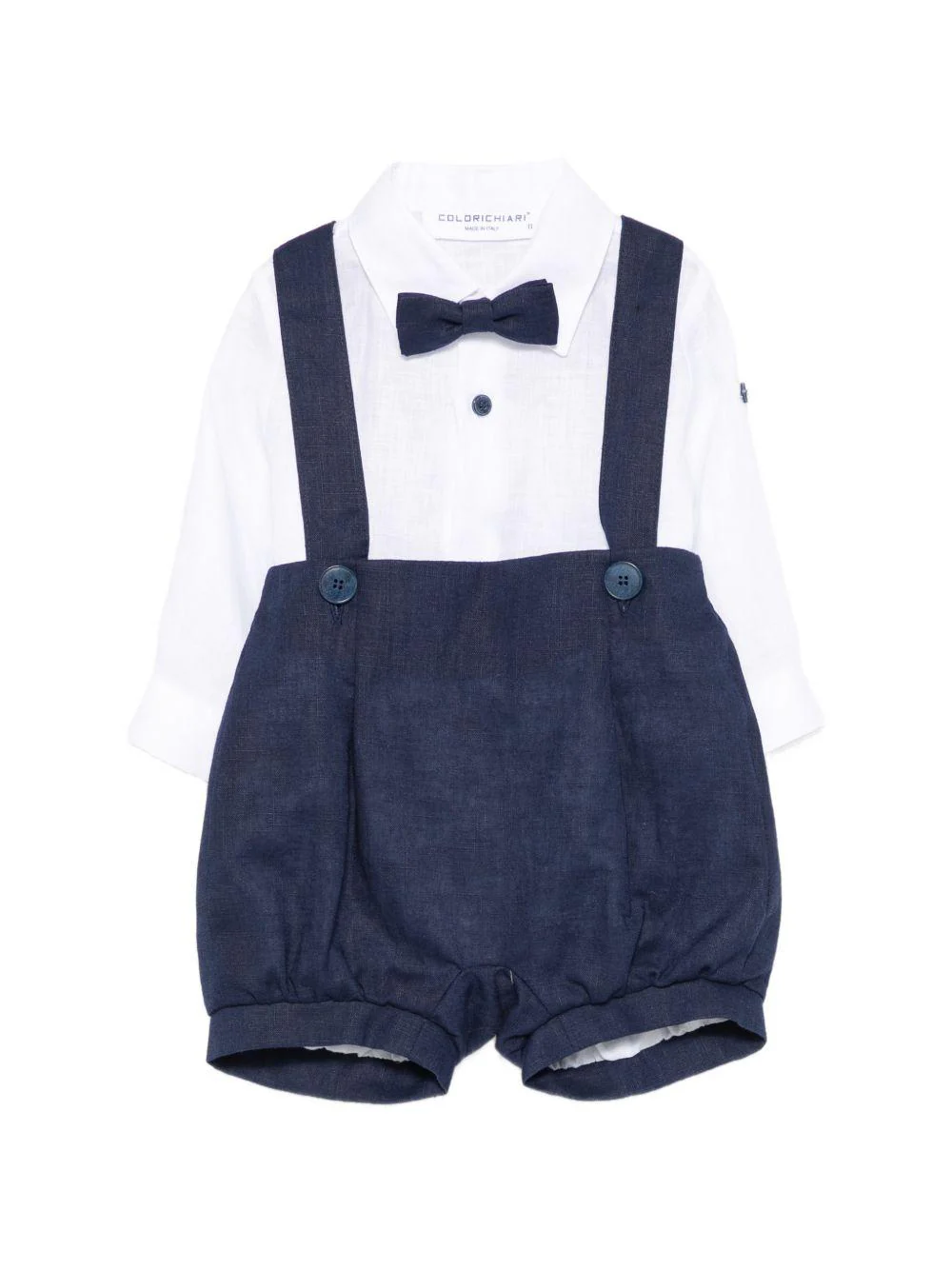 Set camicia e salopette per neonato Colorichiari bianco e blu con fiocco (3 pezzi)