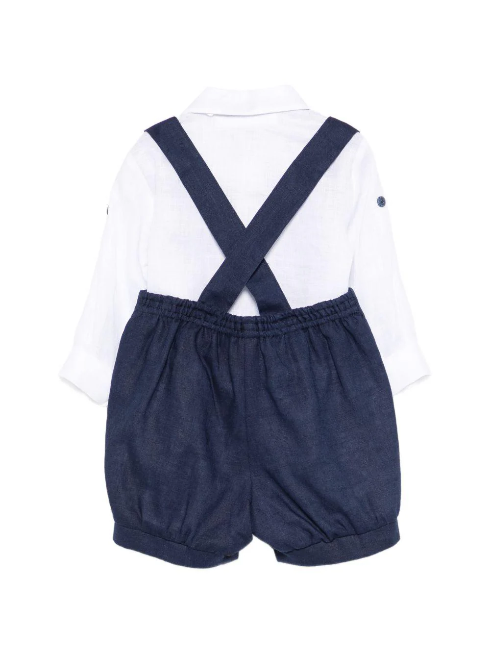 Set camicia e salopette per neonato Colorichiari bianco e blu con fiocco (3 pezzi) - Image 2