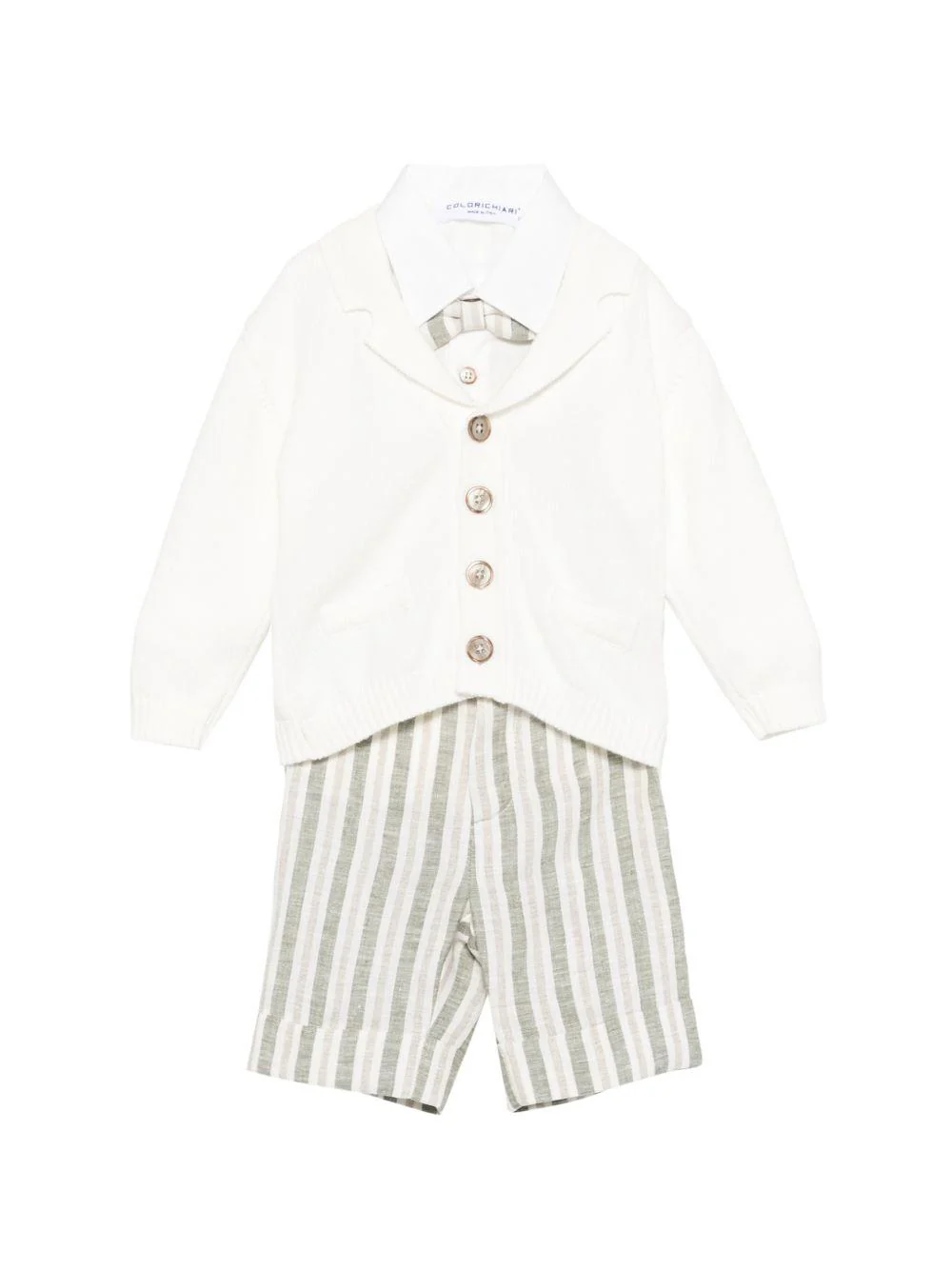 Set cardigan con salopette per neonato Colorichiari bianco a righe (3 pezzi)