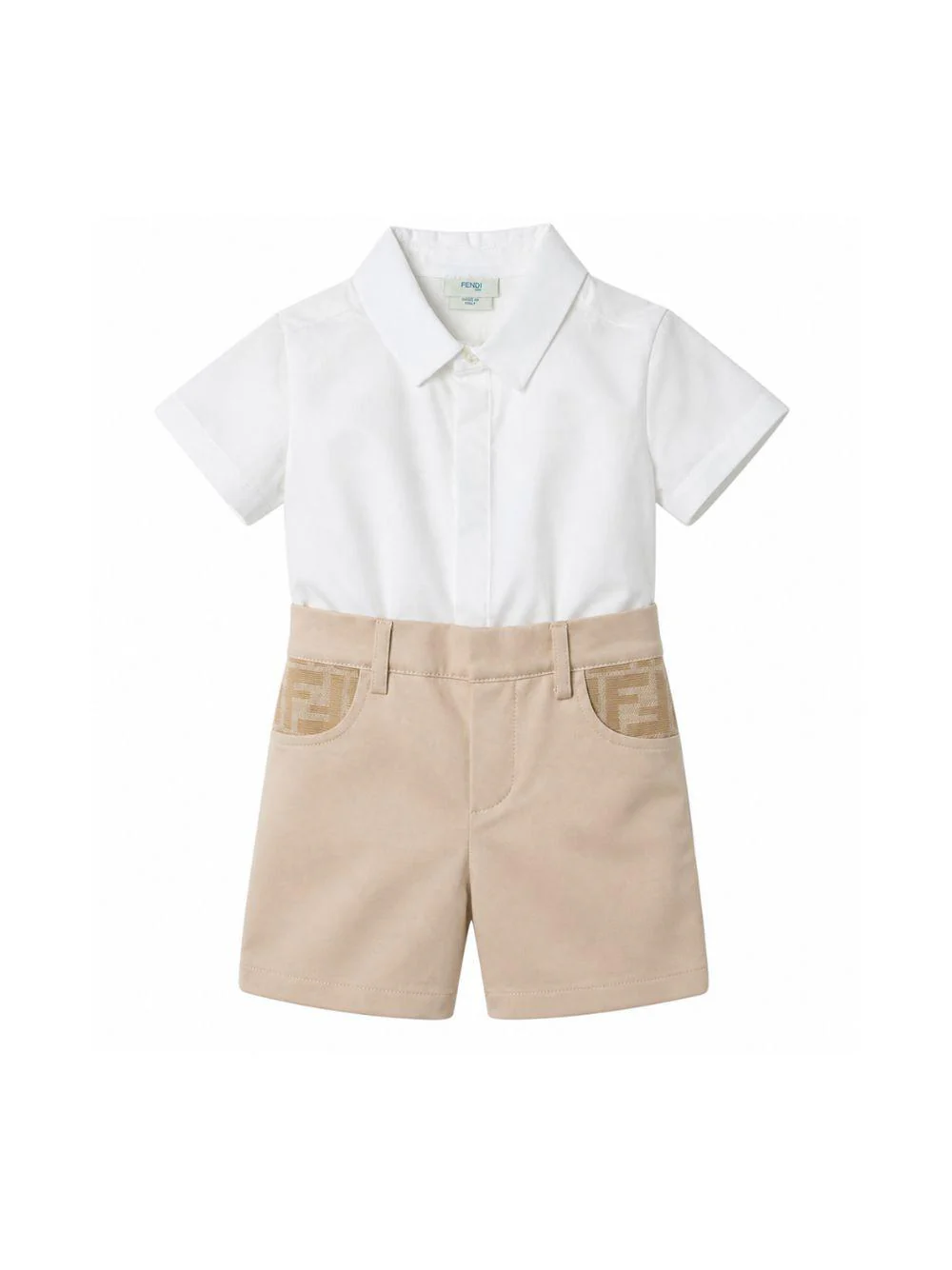 Set due pezzi camicia e shorts per neonato Fendi Kids bianco e beige con motivo logo