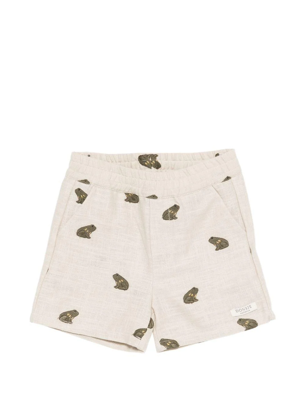 Shorts per neonato Donsje beige con ricamo rane all-over