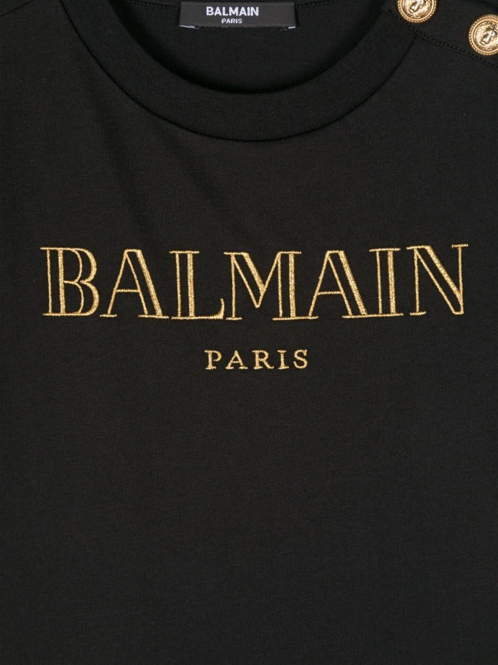 T-shirt con logo glitter per bambina Balmain Kids nero con bottoni oro - Image 3