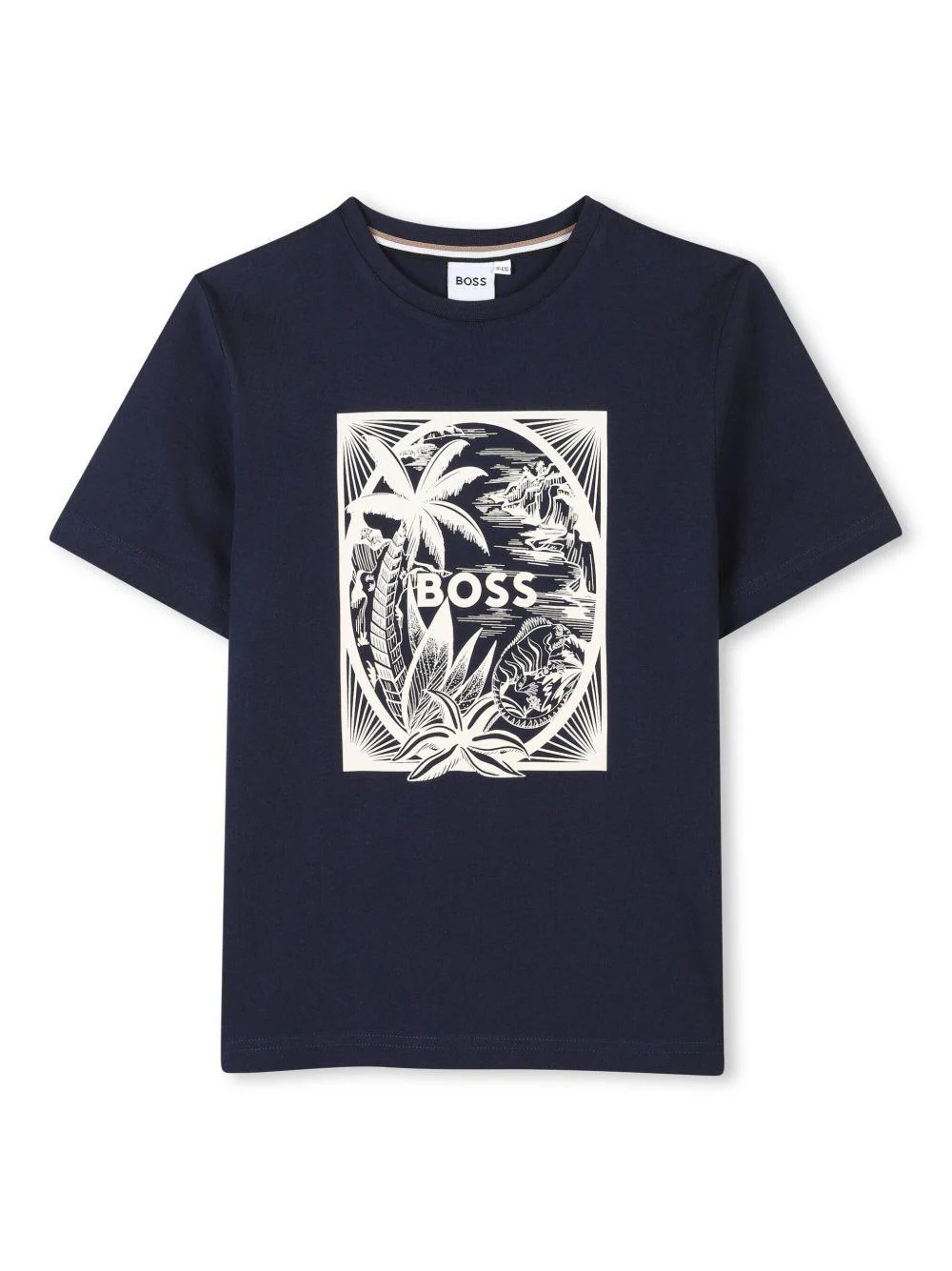 T-shirt con stampa per bambino BOSS Kidswear blu con mini targhetta logo