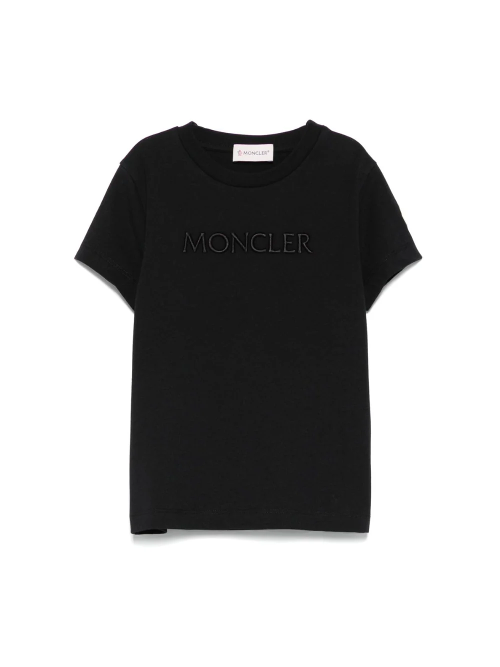 T-shirt per bambina Moncler Enfant nera con logo in rilievo e toppa sulla manica