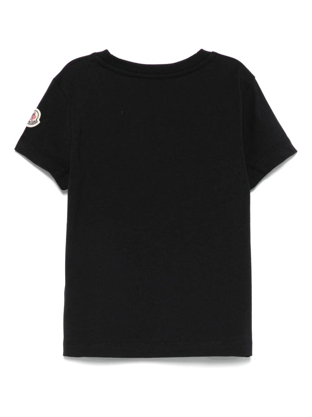 T-shirt per bambina Moncler Enfant nera con logo in rilievo e toppa sulla manica - Image 2