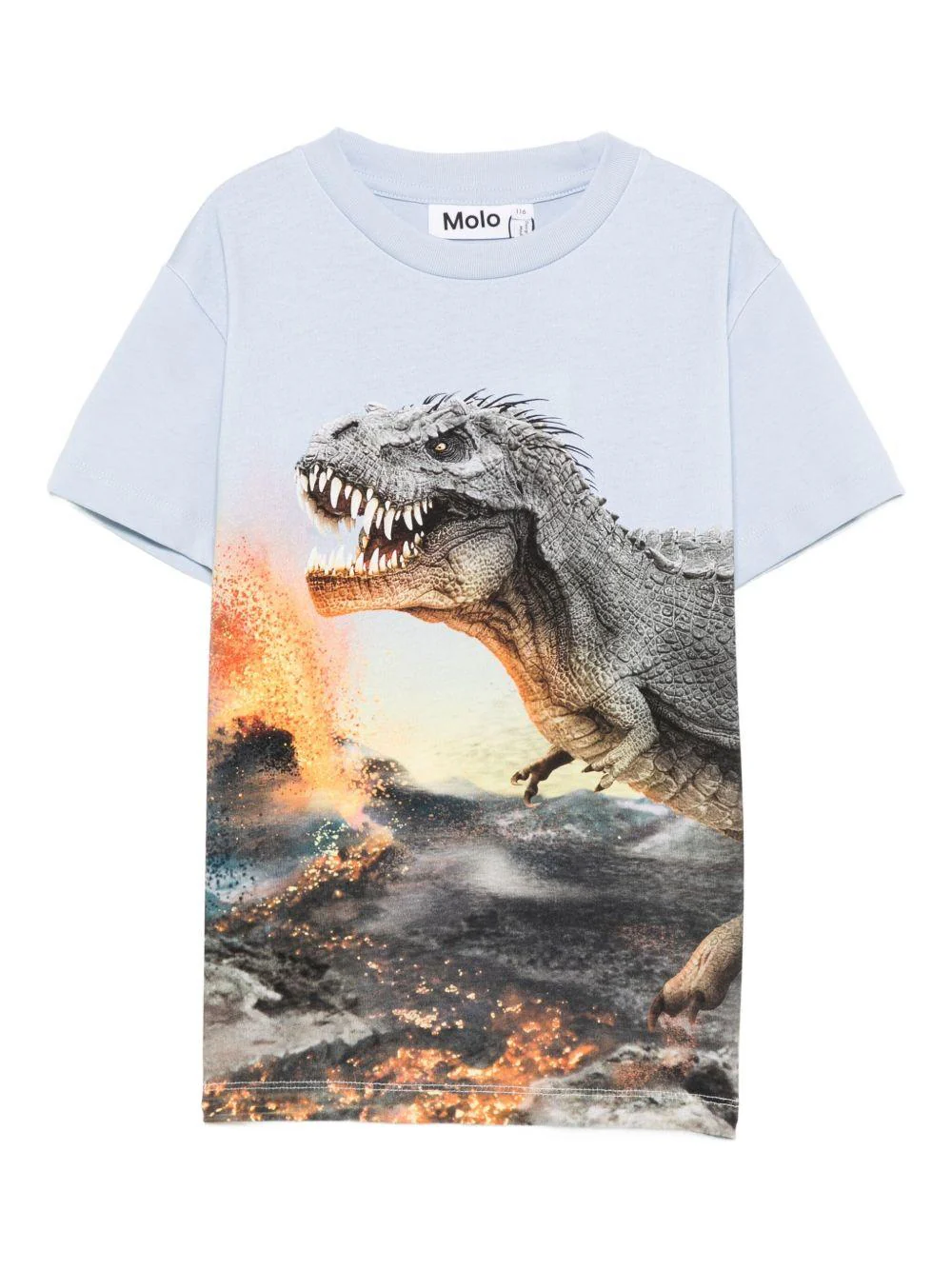 T-shirt per bambino Molo azzurra con stampa dinosauro e vulcano