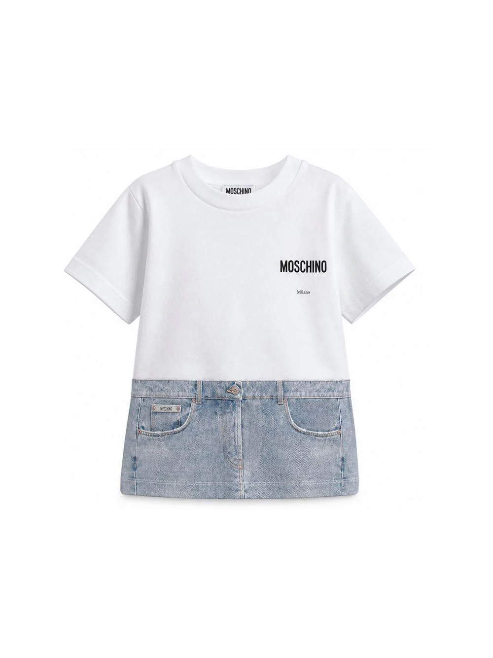 T-shirt per bambina Moschino Kids bianca con stampa denim