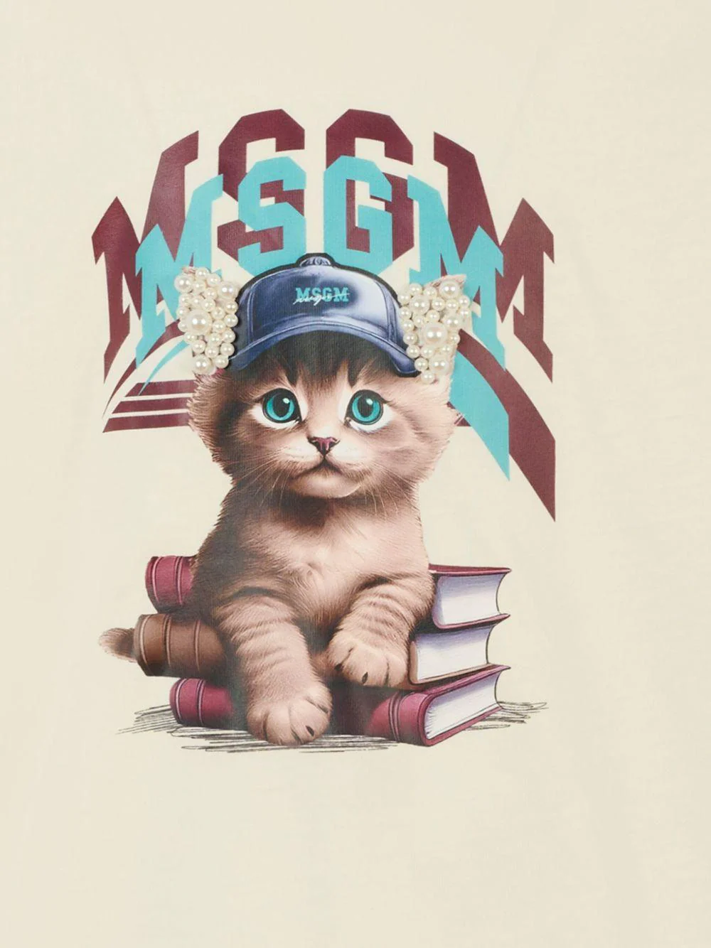 T-shirt per bambino MSGM Kids beige con stampa grafica gatto - Image 2