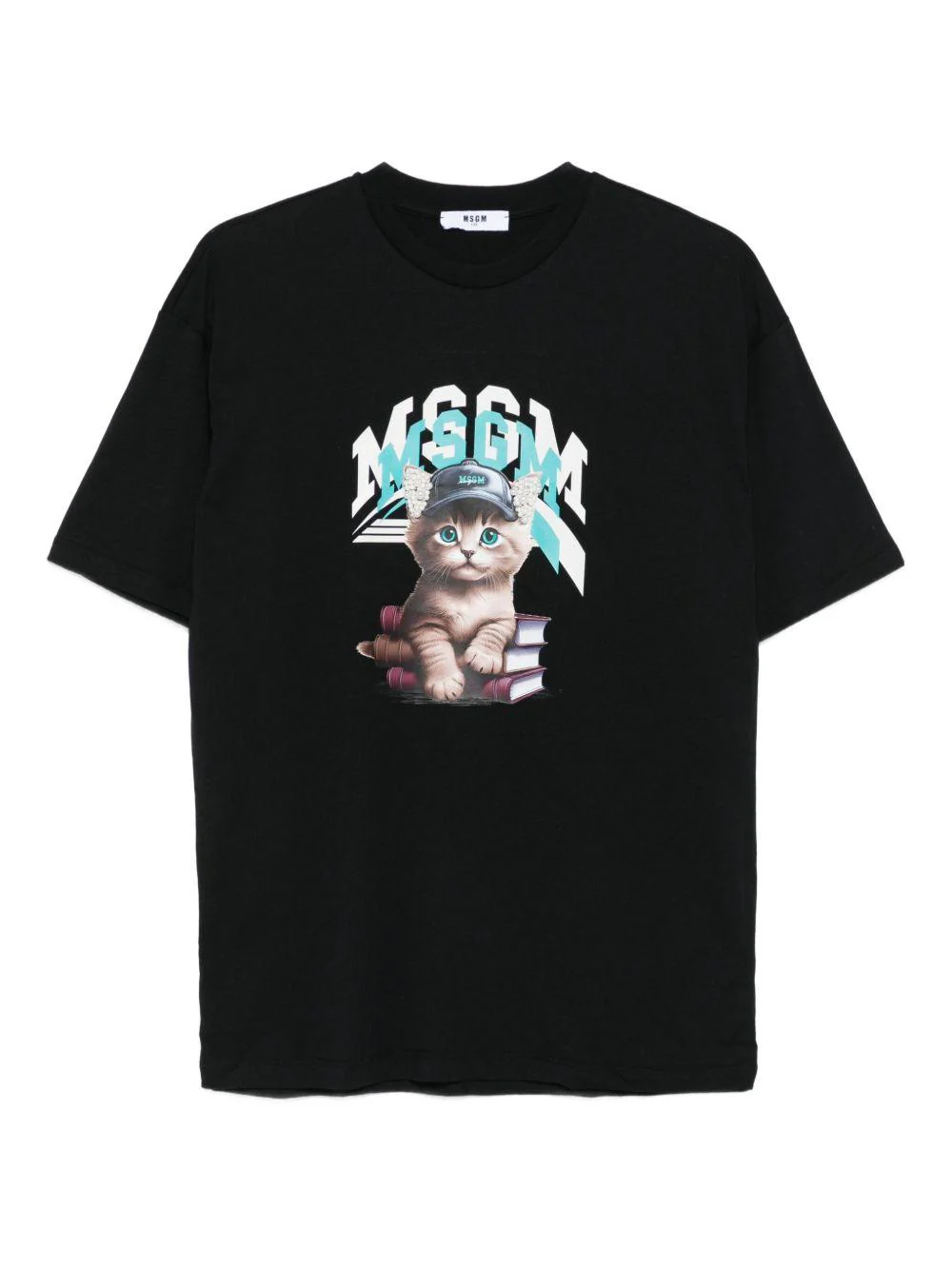 T-shirt per bambino MSGM Kids nera con stampa gatto