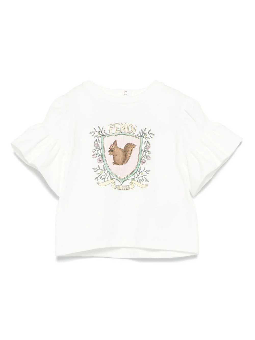 T-shirt per neonata Fendi Kids bianco con stampa sul davanti e maniche con ruches